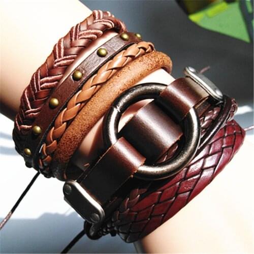 Round Circle Rivet Fashion Punk male Infinity Jewelry Guitar Wing Feather Weed Leaf Handmade Brown Leather Men Bracelets Women