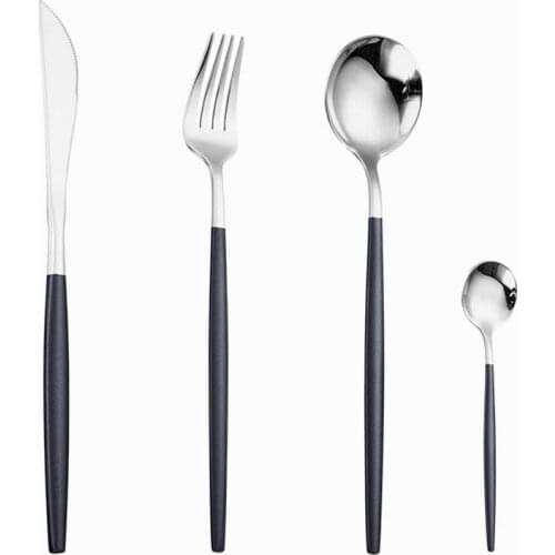 Black Silver Stainless Steel Cutlery Set Silverware Chopsticks Fork Spoon Knife Kit Tableware Dinnerware Complete Dinner Set