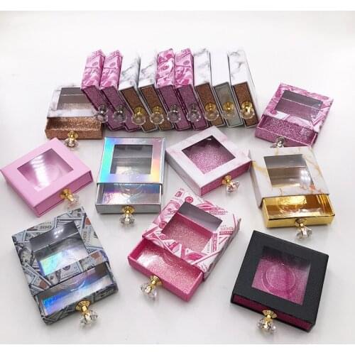 Wholesale Eyelash Packaging Box Crystal Handle Square Lash Boxes for 25mm Mink False Eyelashes Empty Money Marble Lashes Box