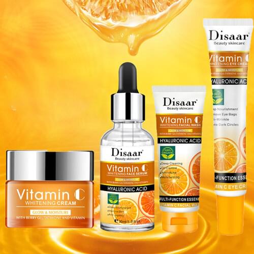 4PCS Skin Care Product Set Contains Vitamin C Facial Cleanser & Facial Cream & Moist Eye Cream & Essence Facial Serum Multi-Care