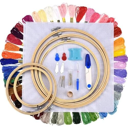 Embroidery Starter Kit Includes Bamboo Rings Color Thread Embroidered Fabric Gold Tail Pin Cross Stitching Sewing Set 50 Color