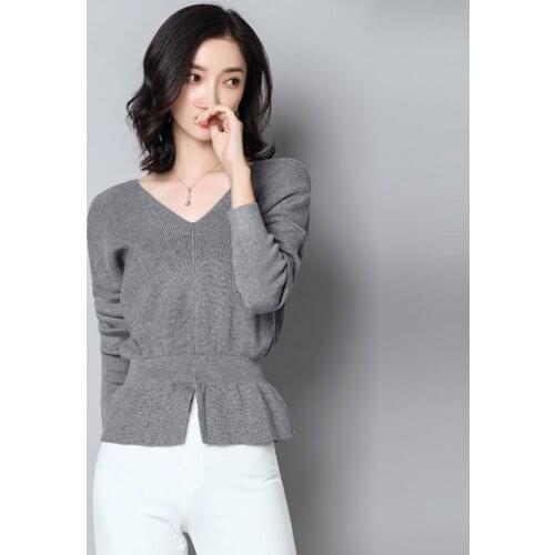 2018 New Women Solid Color Pullovers Sweaters Winter V-neck Sweaters Fashion Short Knitted Long Sleeve Sweater Tops FP1352