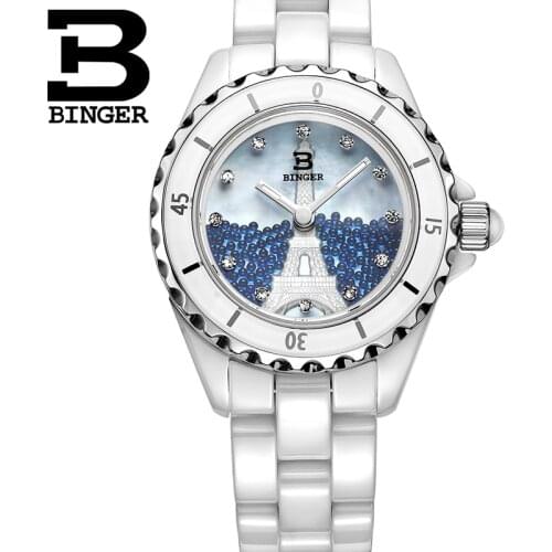 Switzerland Binger ceramic wristwatches Womens watches fashion quartz clock Round rhinestone watches Water Resistant BG-8008L-4