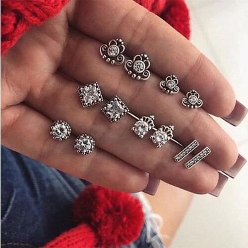 6 Pairs/Set Vintage Crystal Stud Earrings for Women Boucle D'oreille Jewelry Geometric Round Crown Zircon Earrings
