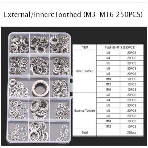 WHUZF 250Pcs/set M3 M4 - M16 304 Stainless Steel Washers External Toothed Gasket Serrated Lock Washer Kit HW051