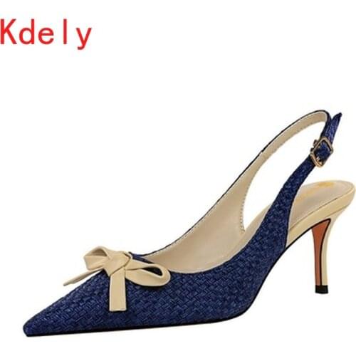 2021 Women 7.5cm High Heels Slingback Summer Sandals Lady Weave Leather Stripper Sandles Wedding Bridal Low Heels Blue Shoes
