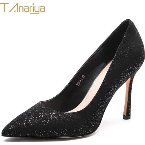 Tanariya Black and silver leather sheepskin pointy heels for spring/autumn 20 ladies high heels women shoes woman pumps