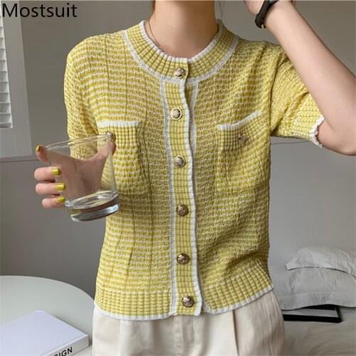 Summer Vintage Knitted Cardigan Sweater Women Short Sleeve O-neck Single Breasted Pockets Tops Korean Elegant Ladies Jumpers