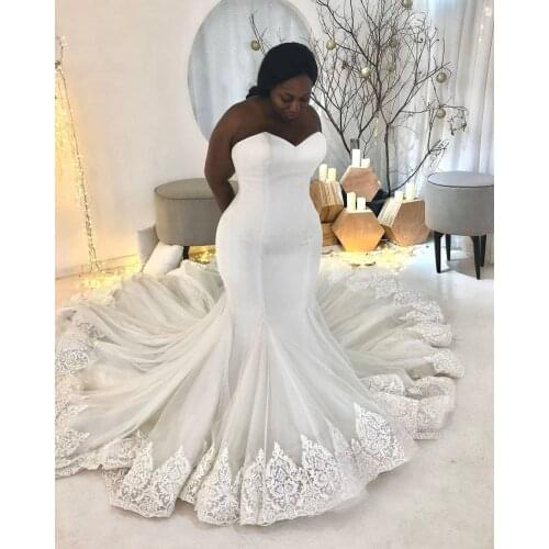 Mermaid Wedding Dress Lace Appliqued Simple Plus Size Bridal Gowns Sweetheart Neck Corset Up Back Sweep Train African Marriage