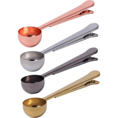 2Pack 2 in 1 Coffee Scoop with Clip,Stainless Steel Coffee Measuring Spoon with Bag Seal Clip