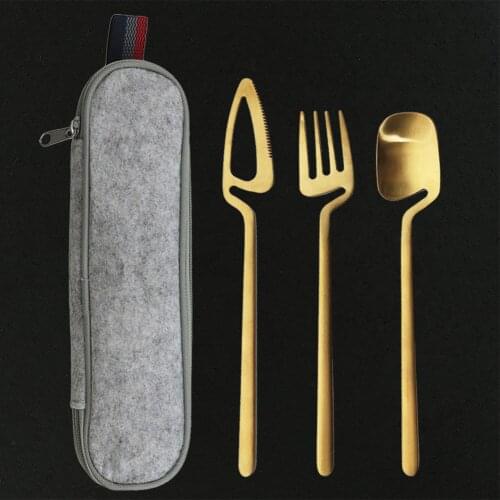 3Pcs Dinnerware Gold Matte Portable Printed 304 Stainless Steel Spoon Fork Dinner Knife Set Travel Cutlery Tableware With Bag