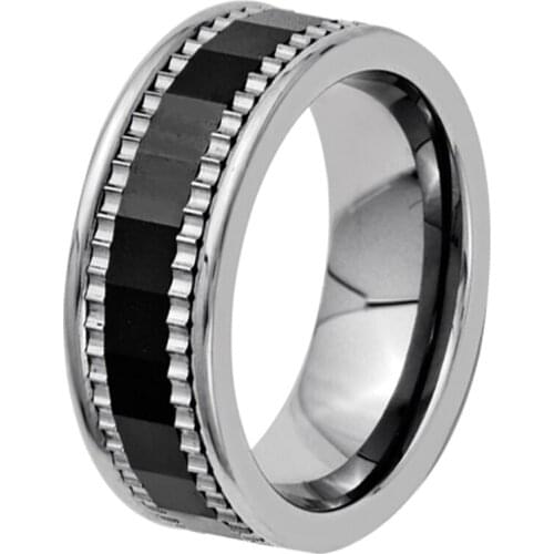 7mm Mens Cool Pure Titanium Wedding Band Wheel Gear with Black Ceramic Combination Ring Comfort Fit Size 7 8 TI027R