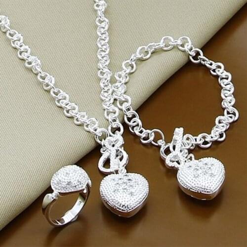 AAA Zircon Heart 925 Sterling Silver Bracelet Necklace Ring Set For Woman Wedding Engagement Party Fashion Charm Jewelry Gift