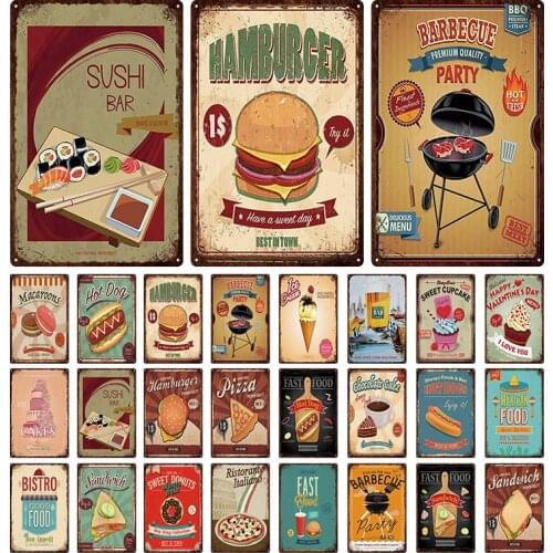 Fast Food Metal Sign Plaque Metal Vintage BBQ Pizza Burger Sandwich Hot Dog Tin Sign Wall Decor For Kitchen Cafe Dinner Bar