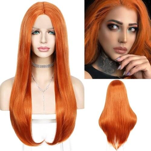 Long Natural Wave T-Part Synthetic Lace Front Wig Orange Wig Heat Resistant Fiber Cosplay Frontal Wig Party Daily Wig for Women