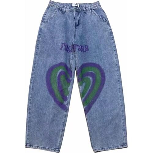 Vintage Washed Jeans Women Streetwear Trousers Female Loose High Waist Wide Leg Pants Straight Love Printing Graffiti Cotton
