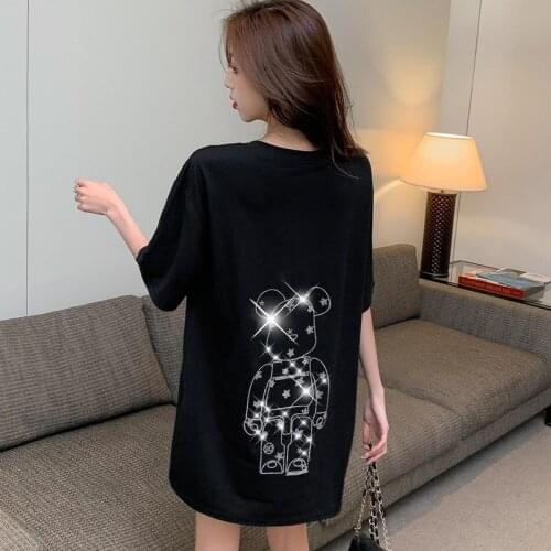 Black Oversized Hot Diamond Harajuku Cartoon Bear Cute Short-Sleeved T-Shirt Women Summer Korean Casual Kawaii Graphic Tees Tops