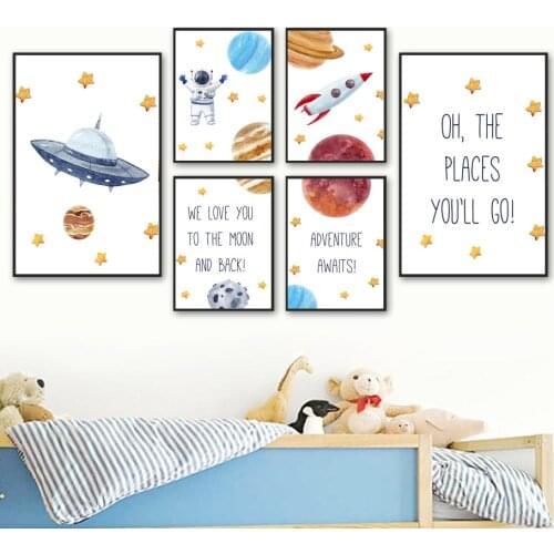 Space Rocket Astronaut Ufo Quotes Nursery Nordic Posters And Prints Wall Art Canvas Painting Wall Pictures Baby Kids Room Decor
