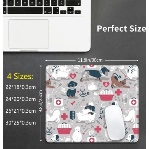 Mouse Pad Veterinary Medicine , Happy And Healthy Friends / / Grey Background Red Details Navy Blue White And Brown Cats Dogs