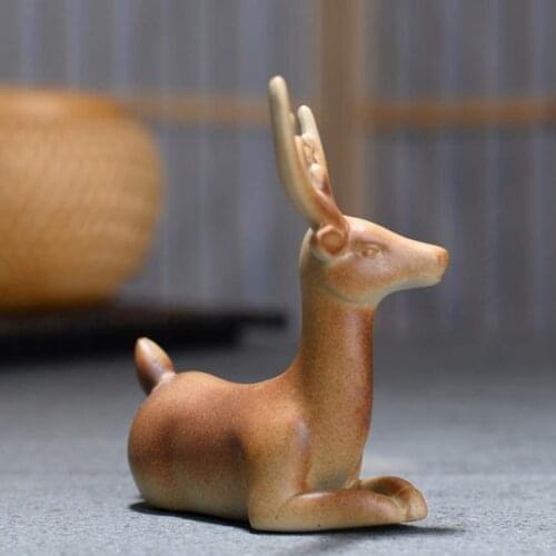 LBER Animal Sculpture Ceramic Sitting Antler Deer Model Statue Mini Bonsai Decor Desktop Zen Ornament for Home