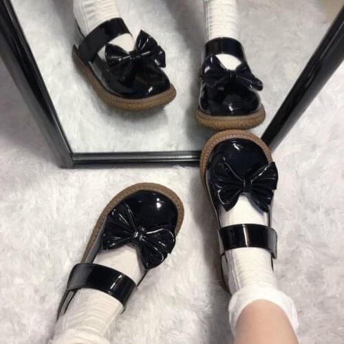 Lolita Shoes Lovely Bowknot Girls Round head Students Single Shoes Japanese KJ uniform black leather shoes Mary Jane Shoes 35-40