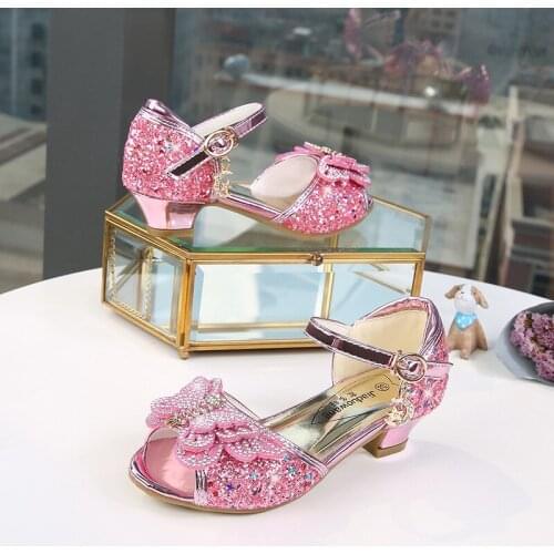 Summer Girls Princess Shoes Kids Sandals Girl Party High Heel Shoes Flower Children Glitter Leather Shoes Butterfly Pink Wedding