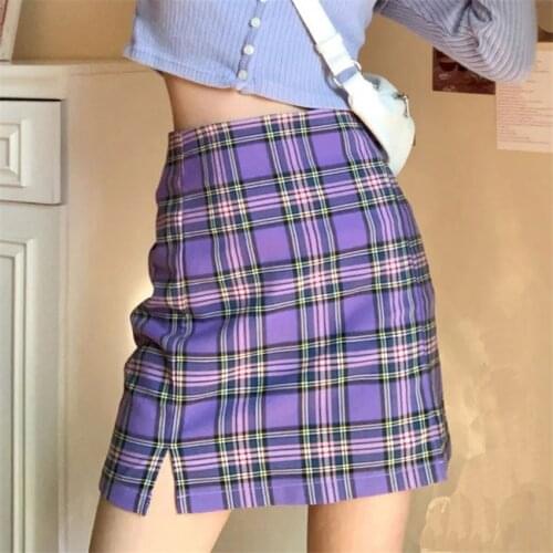 Vintage Purple Plaid Mini Skirts Women 2020 Summer Korea Split Office Lady Casual Short Pleated Skirts Mujer