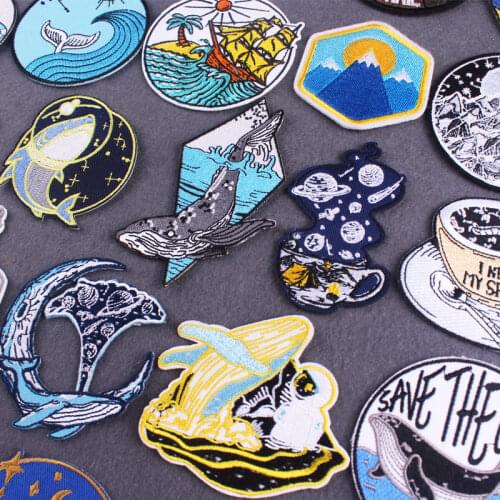 Cartoon Patch Whale Embroidery Patch Iron On Patches For Clothes Outdoor Embroidered Patches For Clothing Wave Stripe Stickers