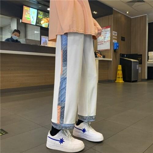 Side Cashew flower Patchwork Casual Sweatpants Men 2021 Autumn Streetwear Straight Pants Mens Grey/Black Ankle-length Trousers