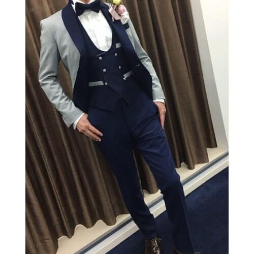 Mens Wedding Suits Light Grey Smoking Tuxedo Jacket Groomsman Custom Made Navy Blue Vest Pant 3 Piece Groom Terno Suits For Men