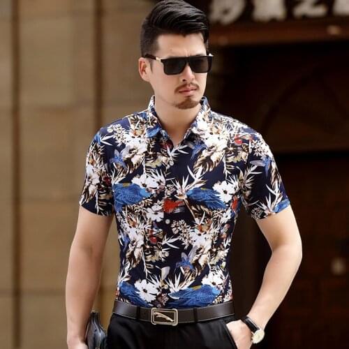 New arrival 2017 mens floral shirt summer fashion printing male short sleeve cotton dress shirts
