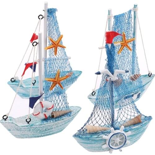 New 15CM Mediterranean Style Marine Nautical Wooden Blue Sailing Boat Ship Wood Crafts Ornaments Party Home Decoration