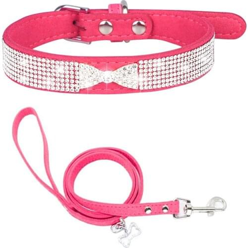 Pet Collar With Leash Set Dog Cat Necklace For Small Medium Large Dogs Soft Collars Bowknot Diamond Puppy Kitten Accessories