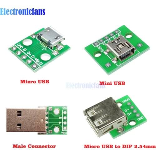 Micro / Mini USB Type A Male/USB Type A Female Adapter Converter for 2.54mm PCB Board DIY Power Supply Module Breakout Board DIY