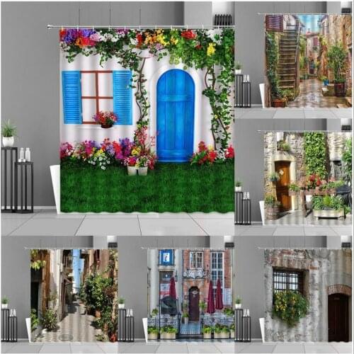 Garden Flowers Scenery Shower Curtains Street Alley Landscape Bathroom Decor Curtain Waterproof Polyester Background Wall Cloth