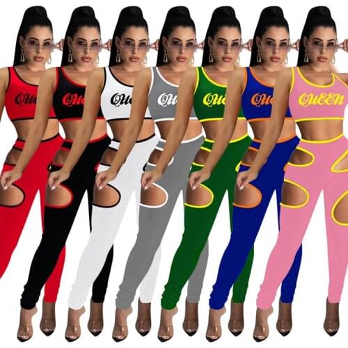 Sexy Two Piece Set For Women Queen Letter Print Sleeveless Crop Top And Hollow Cut Out Long Trousers Casual Tracksuits
