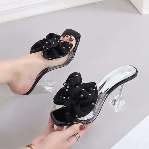 Sweet Slippers High Heels Women Polka Dot Bow Slides 2021 Sexy Transparent Outdoor Slippers Sandal Female Ladies Big Size Shoes