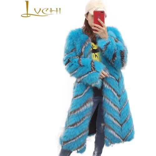 LVCHI 2019 Winter Real Fox Fur Coats V-Neck Natural Fox Fur Coat Womens Striped Patchwork Long Sleeve Long Wave Fox Fur Coats