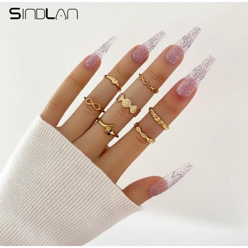 Sindlan 7Pcs Vintage Snake Gold Rings for Women Aesthetic Heart Geometric Wedding Set Female Y2k Boho ZA Fashion Jewelry Anillos