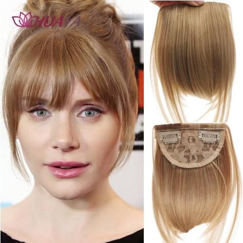 HUAYA Short Straight Neat Bangs Natural Fake Hair Bangs Hair Clips in Extension Synthetic Fake Fringe Black Brown Blonde