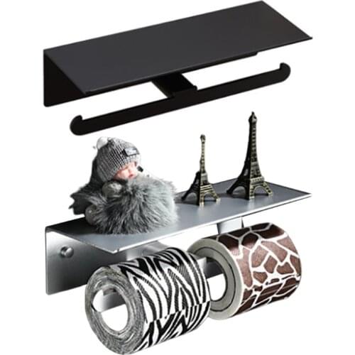 Modern Double Rod Toilet Paper Dispenser Dual-purpose Toilet Paper Holder Bathroom Wall-mounted Tissue Rack with Shelf
