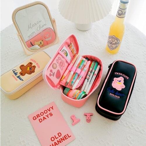 Student School Pencil Bag Kawaii Bear Japan Korea Fashion Large Capacity Cute Pen Box Girls Cosmetic Cases Holder Big Capacity