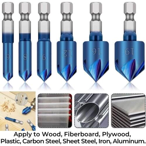 6pcs 1/4" Hex Shank HSS Countersink Drill Bit 90 Degree 5 Flute Nano Blue Coated Chamfer Tool Countersinking Bits Woodworking