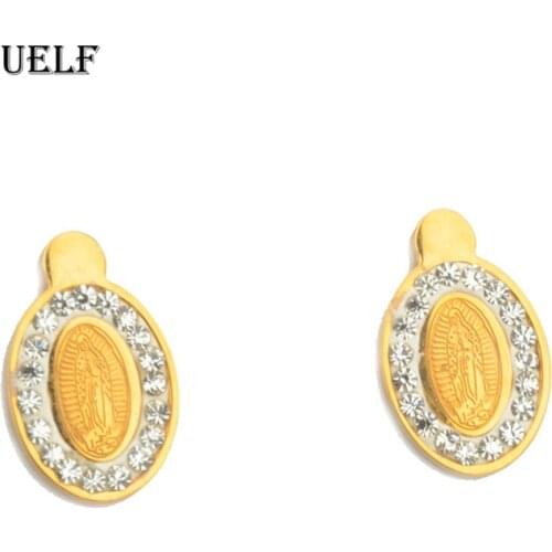Uelf 1Pair Virgin MaryUnique Girls Golden Zirconia Women Wedding Religion Stainless Steel Stud Earrings