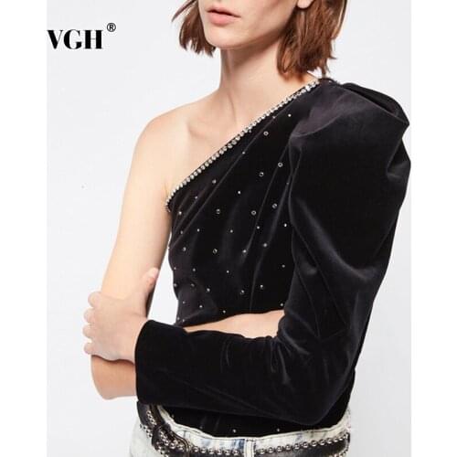 VGH Dot Asymmetrical T Shirt For Women Skew Collar Puff Long Sleeve Casual Tunic T Shirts Female 2020 Fashionable Clothing Tide