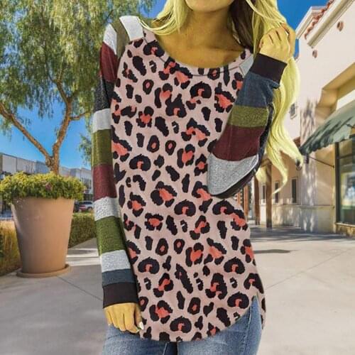 Women Top Round Neck Leopard Printed Splicing Shirt Loose Tops Casual Cotton Womens Plus Size Street Clothes S-XXL