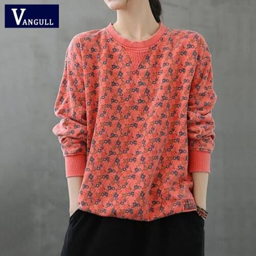 Vangull Vintage Floral Printing Women Sweatshirt Autumn New Long Sleeve O-Neck Female Hoodies Fashion Loose Ladies Pullovers