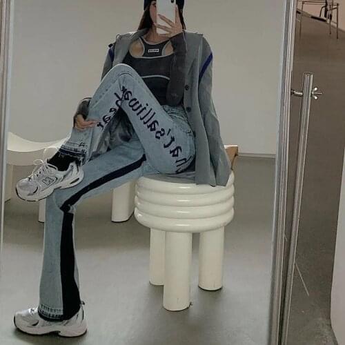 Women Fashion Letter Print Streetwear Denim Pants 2021 Casual Pant Female High Waist Loose Straight Jeans Wide Leg Trousers Pop