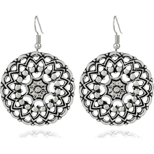 LOVBEAFAS Fashion Boho Round Carven Flower Drop Earrings For Women Jewelry Ethnic Vintage Earrings Power Bohemian Earrings