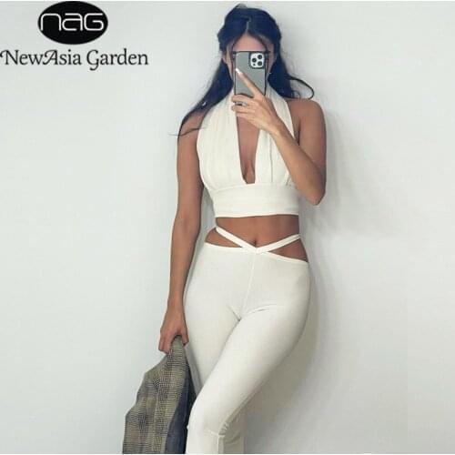 NewAsia Ribbed Knit 2 Piece Pants Set Halter Deep V Backless Tie up Slim Fit Pants Sets Women Sexy Casual Streetwear Loungewear